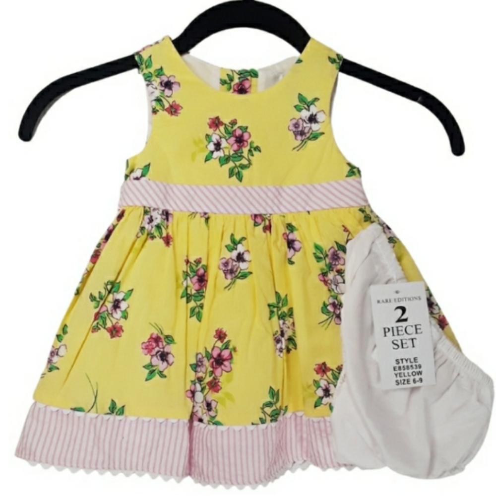 RARE EDITIONS 2pc Yellow Floral Stripe 6-9 Months Dress Set NWT